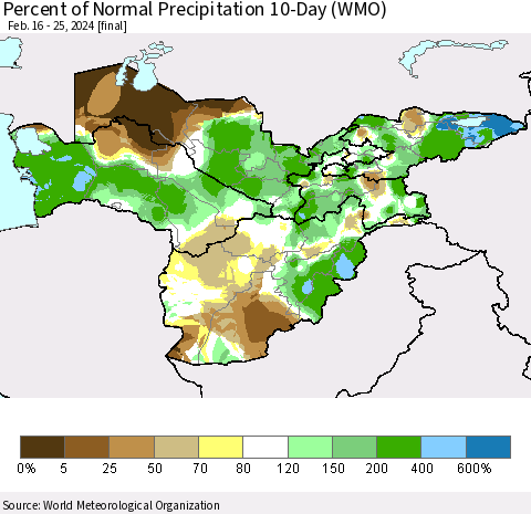 Central Asia Percent of Normal Precipitation 10-Day (WMO) Thematic Map For 2/16/2024 - 2/25/2024