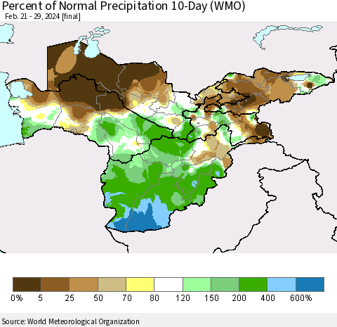 Central Asia Percent of Normal Precipitation 10-Day (WMO) Thematic Map For 2/21/2024 - 2/29/2024
