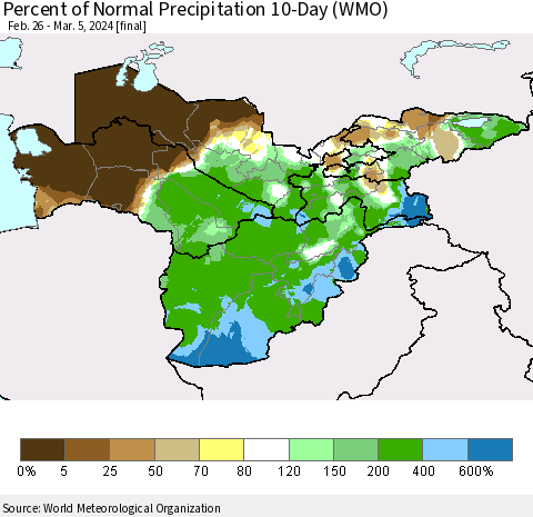 Central Asia Percent of Normal Precipitation 10-Day (WMO) Thematic Map For 2/26/2024 - 3/5/2024