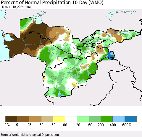 Central Asia Percent of Normal Precipitation 10-Day (WMO) Thematic Map For 3/1/2024 - 3/10/2024
