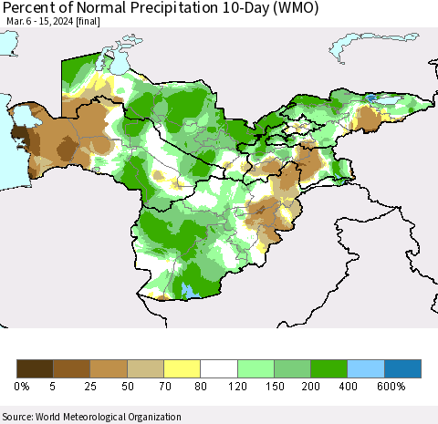 Central Asia Percent of Normal Precipitation 10-Day (WMO) Thematic Map For 3/6/2024 - 3/15/2024