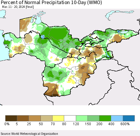 Central Asia Percent of Normal Precipitation 10-Day (WMO) Thematic Map For 3/11/2024 - 3/20/2024