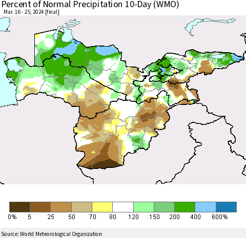 Central Asia Percent of Normal Precipitation 10-Day (WMO) Thematic Map For 3/16/2024 - 3/25/2024