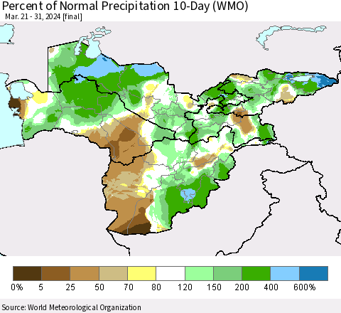 Central Asia Percent of Normal Precipitation 10-Day (WMO) Thematic Map For 3/21/2024 - 3/31/2024