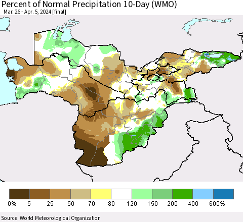 Central Asia Percent of Normal Precipitation 10-Day (WMO) Thematic Map For 3/26/2024 - 4/5/2024