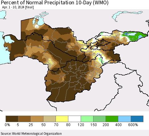 Central Asia Percent of Normal Precipitation 10-Day (WMO) Thematic Map For 4/1/2024 - 4/10/2024