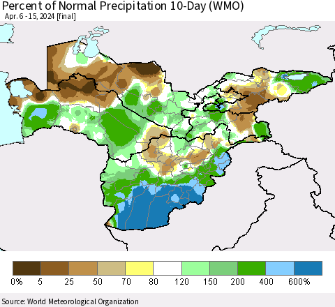 Central Asia Percent of Normal Precipitation 10-Day (WMO) Thematic Map For 4/6/2024 - 4/15/2024