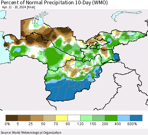 Central Asia Percent of Normal Precipitation 10-Day (WMO) Thematic Map For 4/11/2024 - 4/20/2024