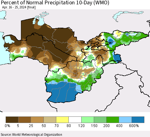 Central Asia Percent of Normal Precipitation 10-Day (WMO) Thematic Map For 4/16/2024 - 4/25/2024
