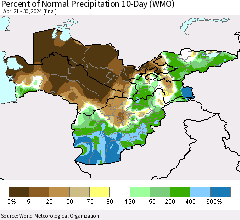 Central Asia Percent of Normal Precipitation 10-Day (WMO) Thematic Map For 4/21/2024 - 4/30/2024