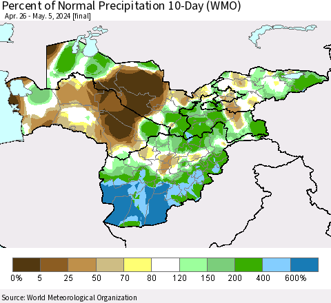 Central Asia Percent of Normal Precipitation 10-Day (WMO) Thematic Map For 4/26/2024 - 5/5/2024