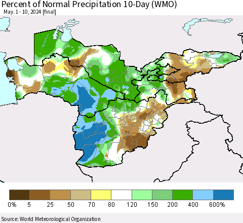 Central Asia Percent of Normal Precipitation 10-Day (WMO) Thematic Map For 5/1/2024 - 5/10/2024