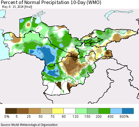 Central Asia Percent of Normal Precipitation 10-Day (WMO) Thematic Map For 5/6/2024 - 5/15/2024