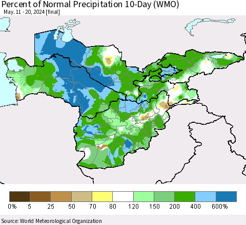 Central Asia Percent of Normal Precipitation 10-Day (WMO) Thematic Map For 5/11/2024 - 5/20/2024