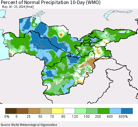 Central Asia Percent of Normal Precipitation 10-Day (WMO) Thematic Map For 5/16/2024 - 5/25/2024