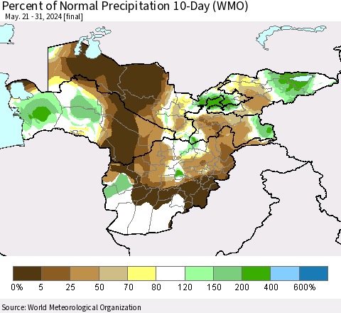 Central Asia Percent of Normal Precipitation 10-Day (WMO) Thematic Map For 5/21/2024 - 5/31/2024