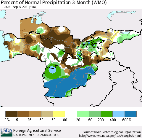 Central Asia Percent of Normal Precipitation 3-Month (WMO) Thematic Map For 6/6/2021 - 9/5/2021