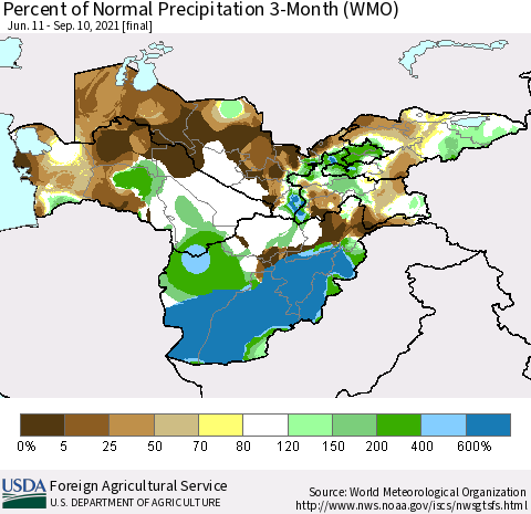 Central Asia Percent of Normal Precipitation 3-Month (WMO) Thematic Map For 6/11/2021 - 9/10/2021