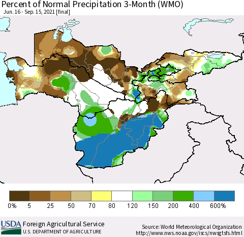 Central Asia Percent of Normal Precipitation 3-Month (WMO) Thematic Map For 6/16/2021 - 9/15/2021