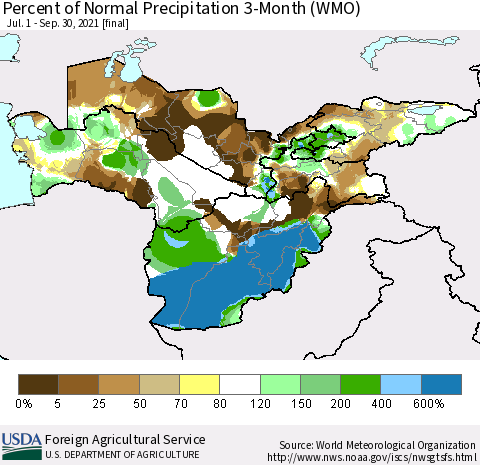 Central Asia Percent of Normal Precipitation 3-Month (WMO) Thematic Map For 7/1/2021 - 9/30/2021