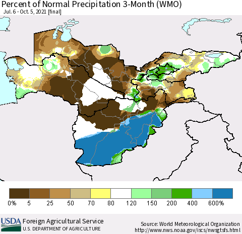 Central Asia Percent of Normal Precipitation 3-Month (WMO) Thematic Map For 7/6/2021 - 10/5/2021