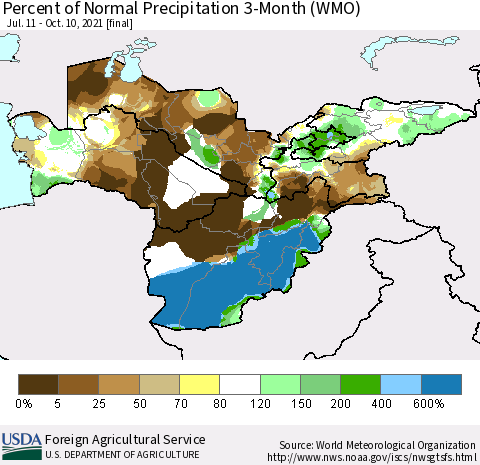 Central Asia Percent of Normal Precipitation 3-Month (WMO) Thematic Map For 7/11/2021 - 10/10/2021