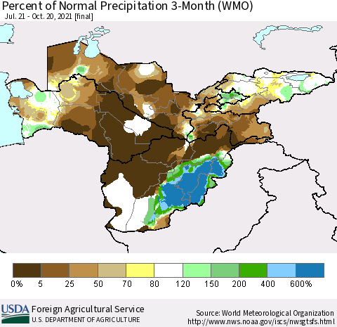 Central Asia Percent of Normal Precipitation 3-Month (WMO) Thematic Map For 7/21/2021 - 10/20/2021