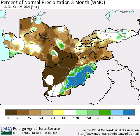 Central Asia Percent of Normal Precipitation 3-Month (WMO) Thematic Map For 7/26/2021 - 10/25/2021