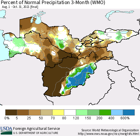 Central Asia Percent of Normal Precipitation 3-Month (WMO) Thematic Map For 8/1/2021 - 10/31/2021