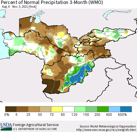 Central Asia Percent of Normal Precipitation 3-Month (WMO) Thematic Map For 8/6/2021 - 11/5/2021