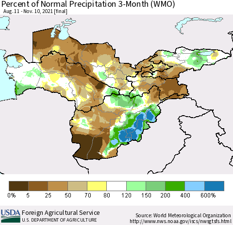 Central Asia Percent of Normal Precipitation 3-Month (WMO) Thematic Map For 8/11/2021 - 11/10/2021