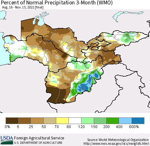 Central Asia Percent of Normal Precipitation 3-Month (WMO) Thematic Map For 8/16/2021 - 11/15/2021