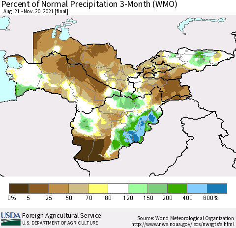 Central Asia Percent of Normal Precipitation 3-Month (WMO) Thematic Map For 8/21/2021 - 11/20/2021