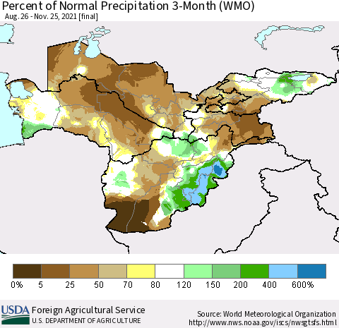 Central Asia Percent of Normal Precipitation 3-Month (WMO) Thematic Map For 8/26/2021 - 11/25/2021
