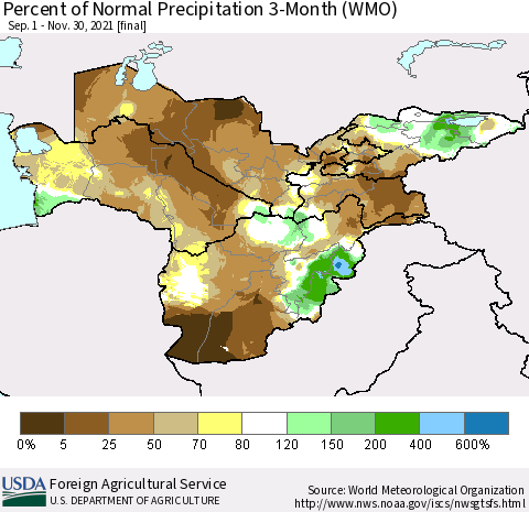 Central Asia Percent of Normal Precipitation 3-Month (WMO) Thematic Map For 9/1/2021 - 11/30/2021