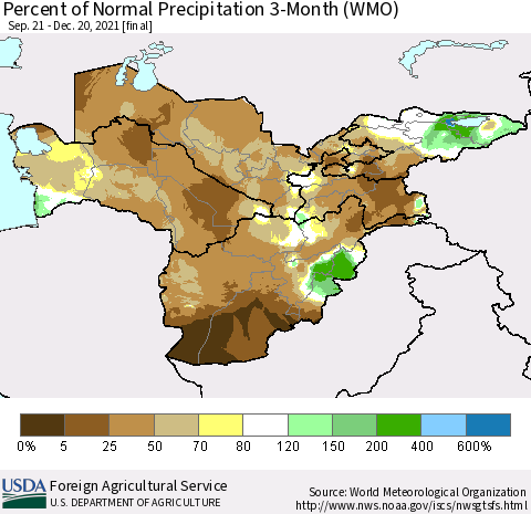 Central Asia Percent of Normal Precipitation 3-Month (WMO) Thematic Map For 9/21/2021 - 12/20/2021