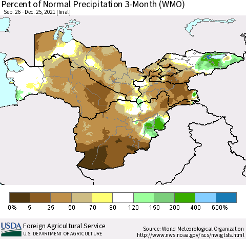 Central Asia Percent of Normal Precipitation 3-Month (WMO) Thematic Map For 9/26/2021 - 12/25/2021