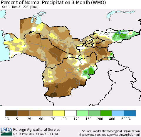 Central Asia Percent of Normal Precipitation 3-Month (WMO) Thematic Map For 10/1/2021 - 12/31/2021