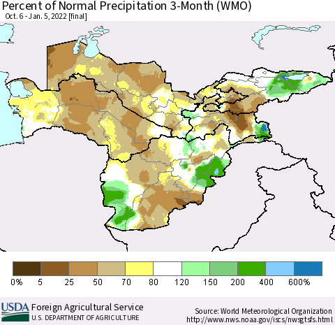 Central Asia Percent of Normal Precipitation 3-Month (WMO) Thematic Map For 10/6/2021 - 1/5/2022