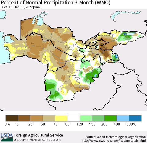 Central Asia Percent of Normal Precipitation 3-Month (WMO) Thematic Map For 10/11/2021 - 1/10/2022
