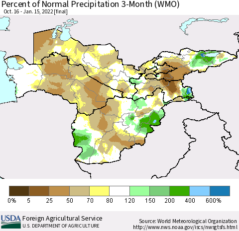 Central Asia Percent of Normal Precipitation 3-Month (WMO) Thematic Map For 10/16/2021 - 1/15/2022