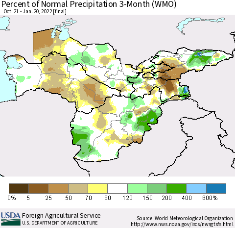 Central Asia Percent of Normal Precipitation 3-Month (WMO) Thematic Map For 10/21/2021 - 1/20/2022