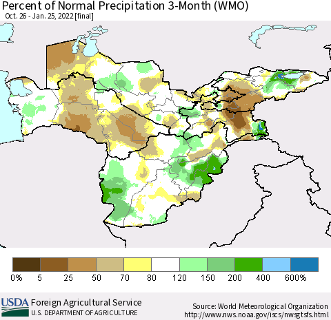 Central Asia Percent of Normal Precipitation 3-Month (WMO) Thematic Map For 10/26/2021 - 1/25/2022