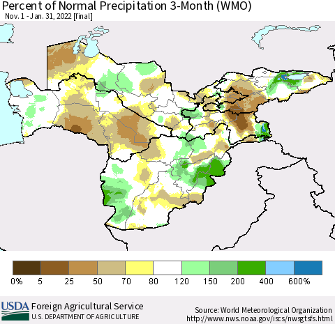 Central Asia Percent of Normal Precipitation 3-Month (WMO) Thematic Map For 11/1/2021 - 1/31/2022