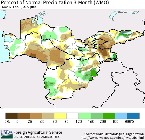 Central Asia Percent of Normal Precipitation 3-Month (WMO) Thematic Map For 11/6/2021 - 2/5/2022