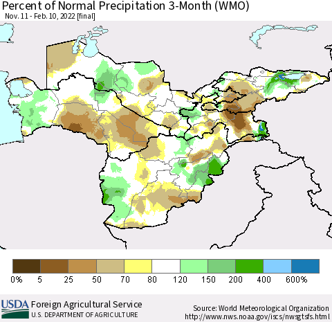 Central Asia Percent of Normal Precipitation 3-Month (WMO) Thematic Map For 11/11/2021 - 2/10/2022
