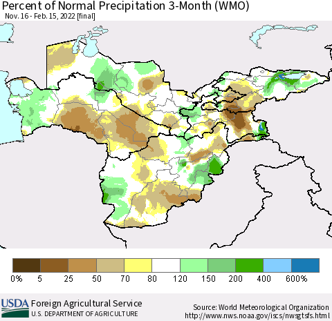 Central Asia Percent of Normal Precipitation 3-Month (WMO) Thematic Map For 11/16/2021 - 2/15/2022