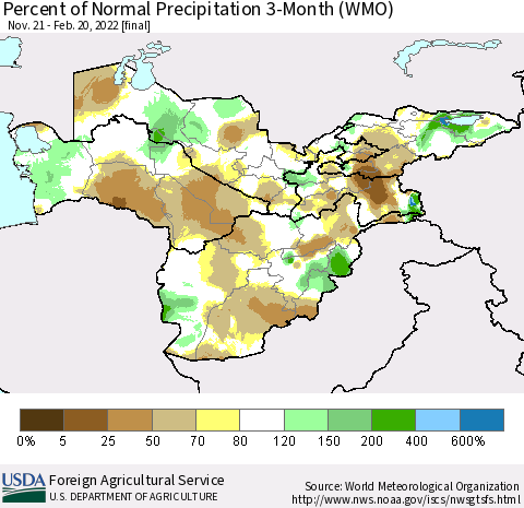 Central Asia Percent of Normal Precipitation 3-Month (WMO) Thematic Map For 11/21/2021 - 2/20/2022