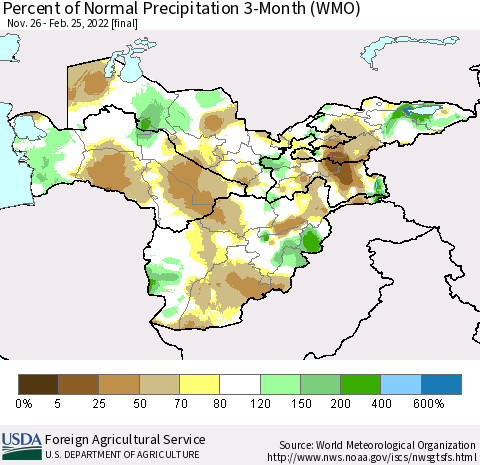 Central Asia Percent of Normal Precipitation 3-Month (WMO) Thematic Map For 11/26/2021 - 2/25/2022