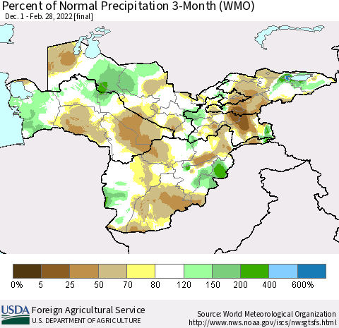 Central Asia Percent of Normal Precipitation 3-Month (WMO) Thematic Map For 12/1/2021 - 2/28/2022